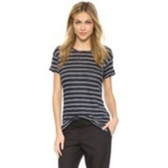 Vince Medium Navy White Striped Linen T-Shirt Roll Cuff Summer Nautical French - Picture 8 of 9